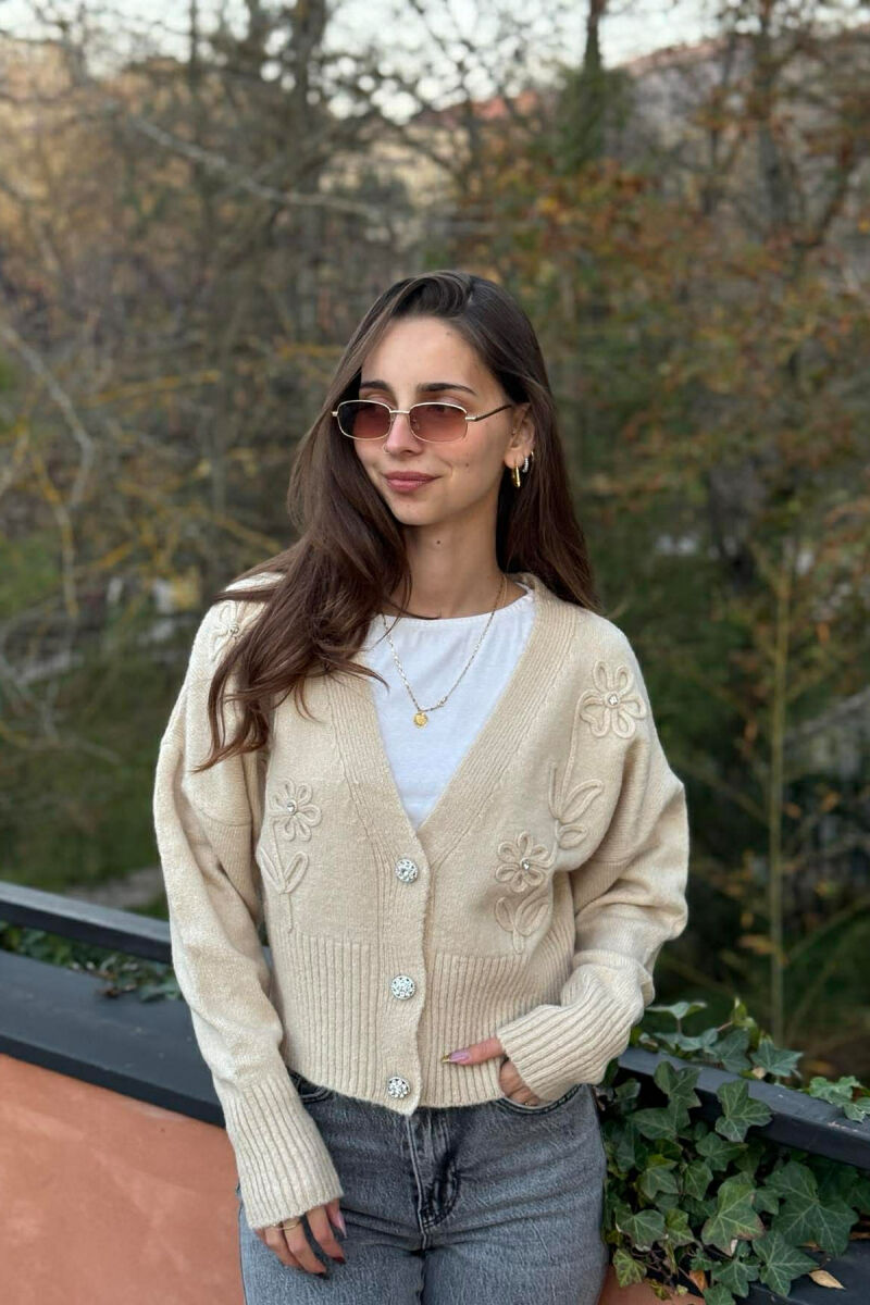 KNITTED FLOWER DESIGN WOMEN CARDIGAN CREAM/KREM - 2