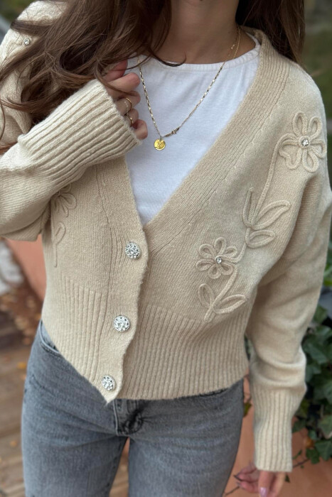 KNITTED FLOWER DESIGN WOMEN CARDIGAN CREAM/KREM - 3