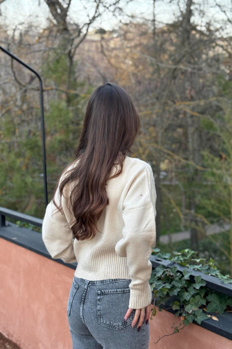 KNITTED FLOWER DESIGN WOMEN CARDIGAN CREAM/KREM - 4