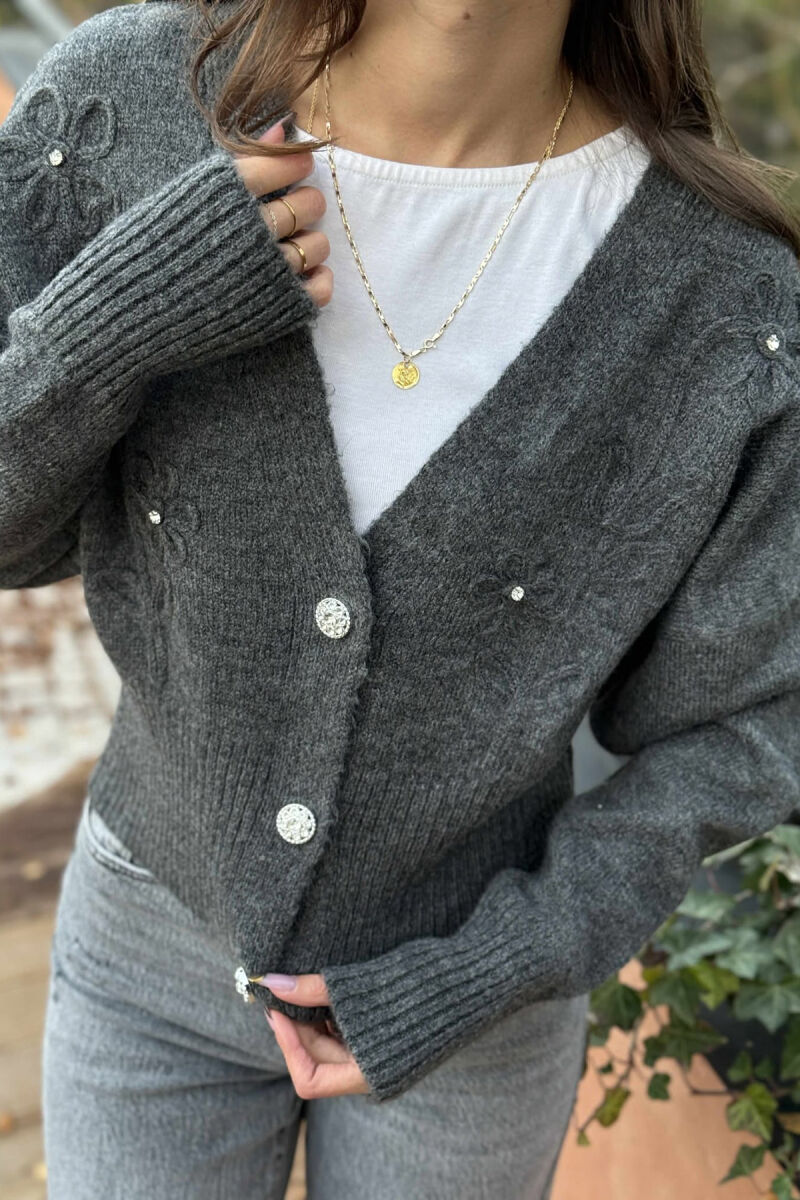 KNITTED FLOWER DESIGN WOMEN CARDIGAN DARK GREY/GEE - 2