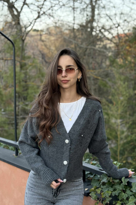 KNITTED FLOWER DESIGN WOMEN CARDIGAN DARK GREY/GEE - 3