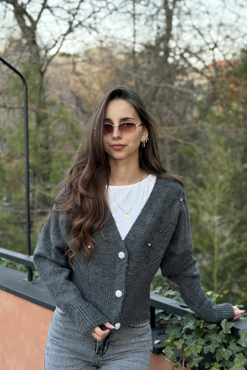 KNITTED FLOWER DESIGN WOMEN CARDIGAN DARK GREY/GEE - 3