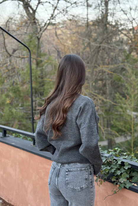 KNITTED FLOWER DESIGN WOMEN CARDIGAN DARK GREY/GEE - 4