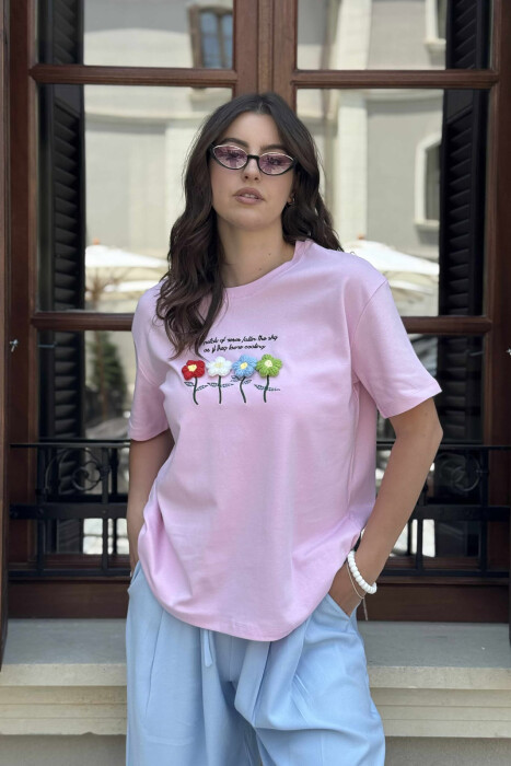 KNITTED FLOWERS ONE COLOR ROUND NECK WOMEN T-SHIRT PINK/ROZE 