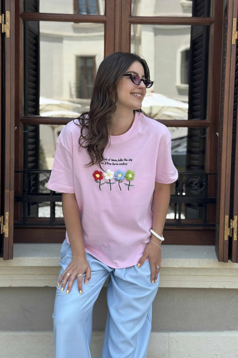 KNITTED FLOWERS ONE COLOR ROUND NECK WOMEN T-SHIRT PINK/ROZE - 2