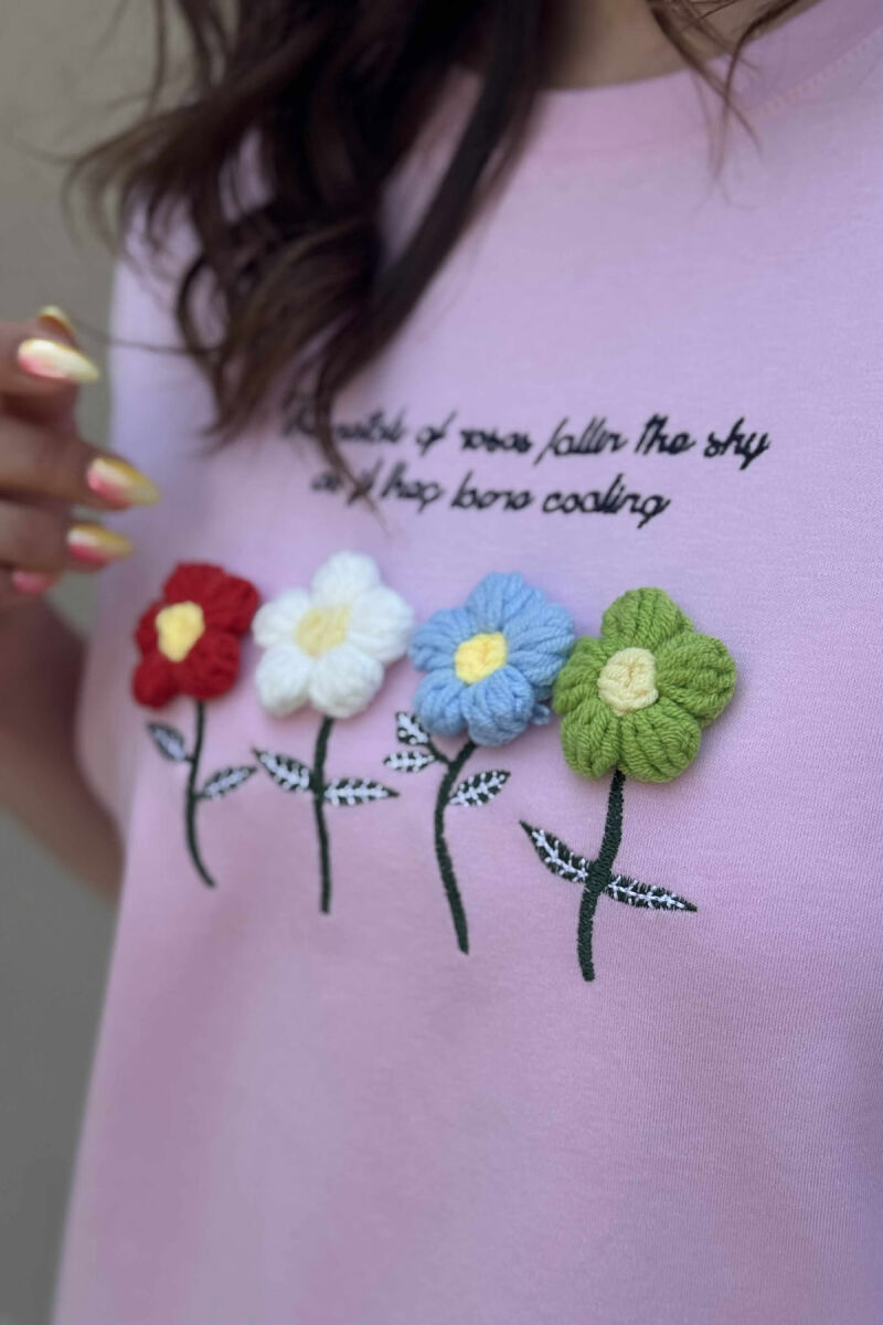 KNITTED FLOWERS ONE COLOR ROUND NECK WOMEN T-SHIRT PINK/ROZE - 3