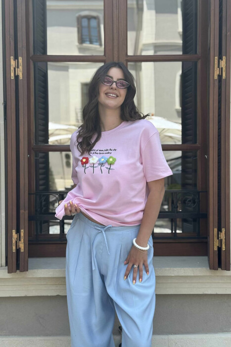 KNITTED FLOWERS ONE COLOR ROUND NECK WOMEN T-SHIRT PINK/ROZE - 4