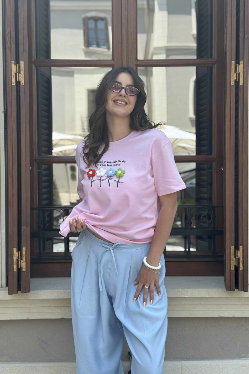 KNITTED FLOWERS ONE COLOR ROUND NECK WOMEN T-SHIRT PINK/ROZE - 4