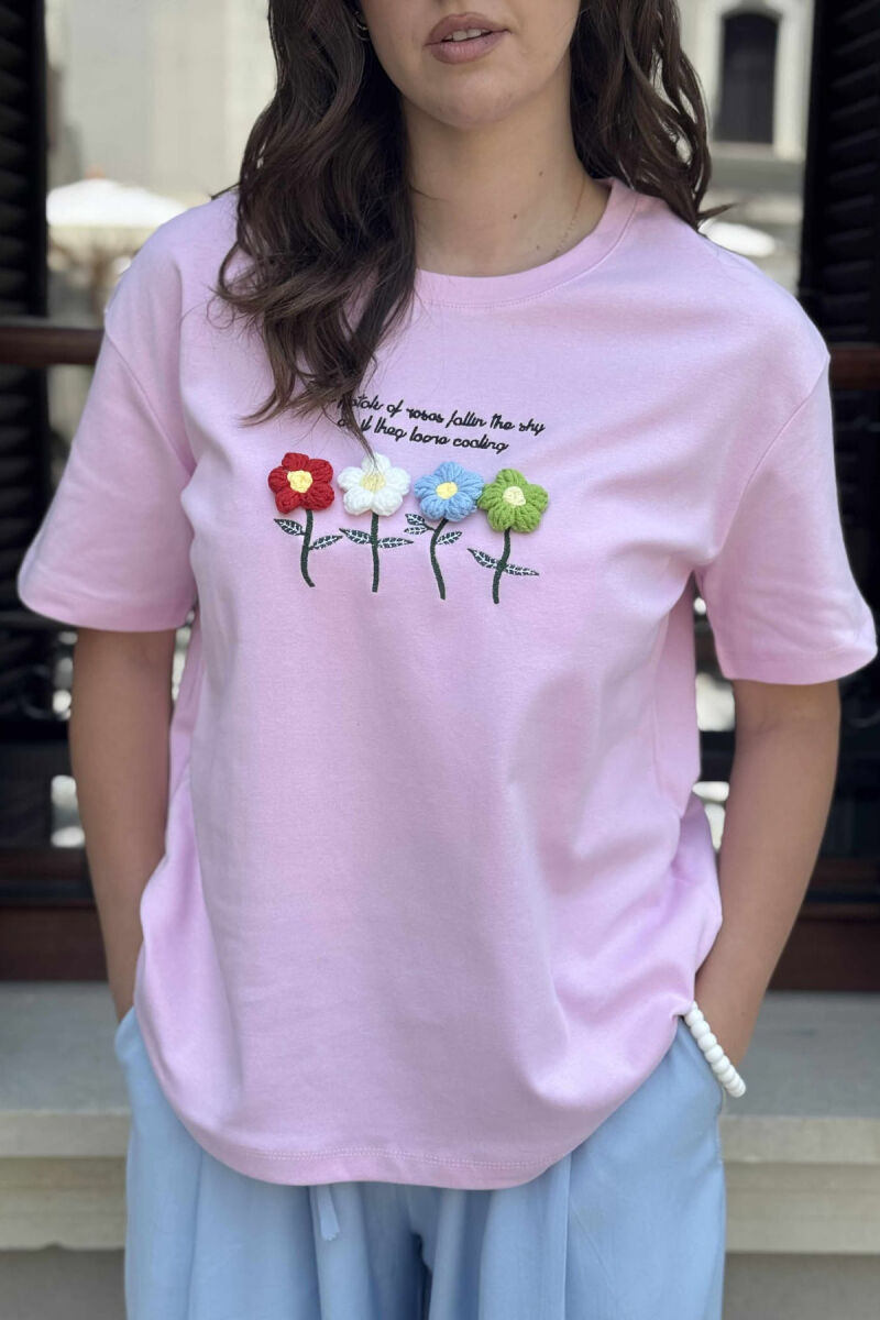 KNITTED FLOWERS ONE COLOR ROUND NECK WOMEN T-SHIRT PINK/ROZE - 5
