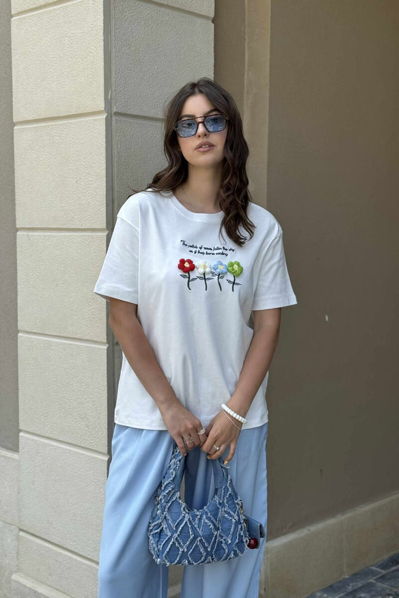 KNITTED FLOWERS ONE COLOR ROUND NECK WOMEN T-SHIRT WHITE-E BARDHE - 1