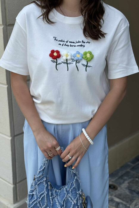 KNITTED FLOWERS ONE COLOR ROUND NECK WOMEN T-SHIRT WHITE-E BARDHE - 4