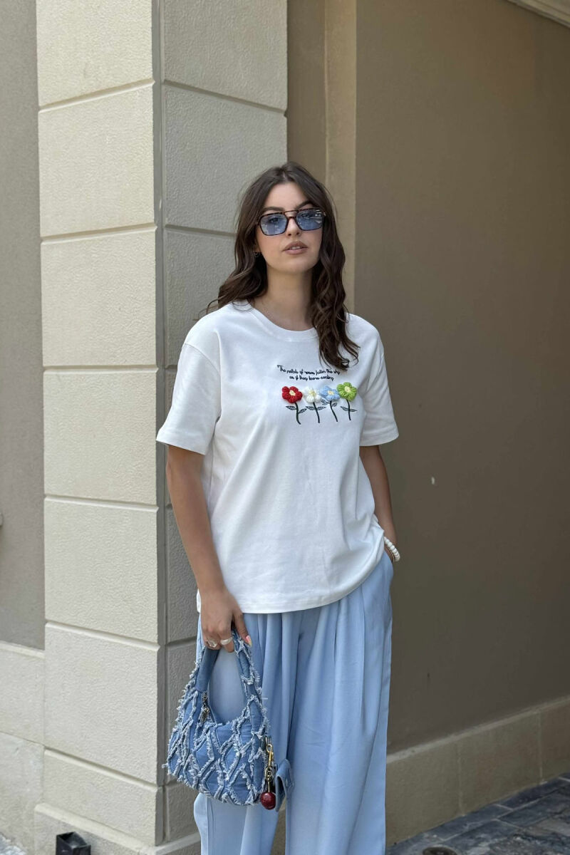 KNITTED FLOWERS ONE COLOR ROUND NECK WOMEN T-SHIRT WHITE-E BARDHE - 5