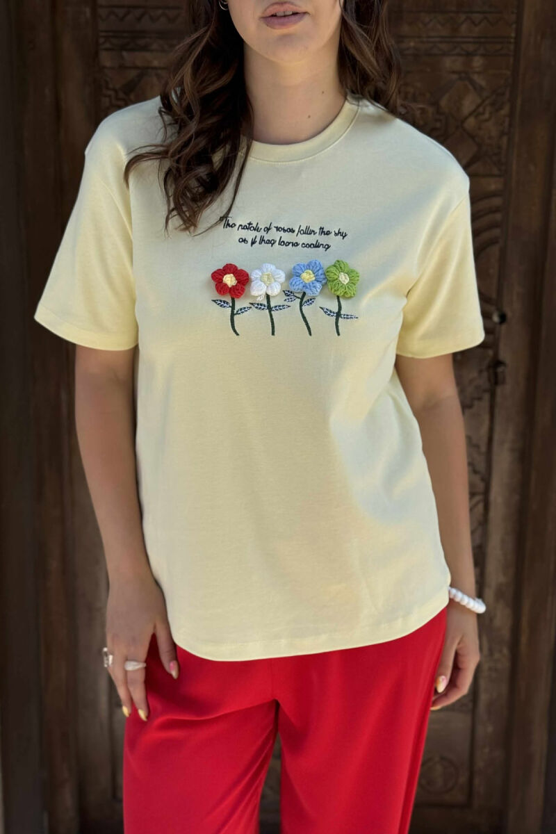 KNITTED FLOWERS ONE COLOR ROUND NECK WOMEN T-SHIRT YELLOW/E VERDHE - 2