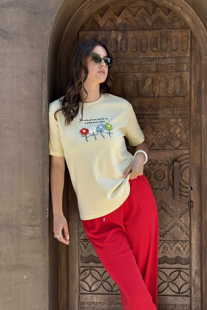 KNITTED FLOWERS ONE COLOR ROUND NECK WOMEN T-SHIRT YELLOW/E VERDHE - 3