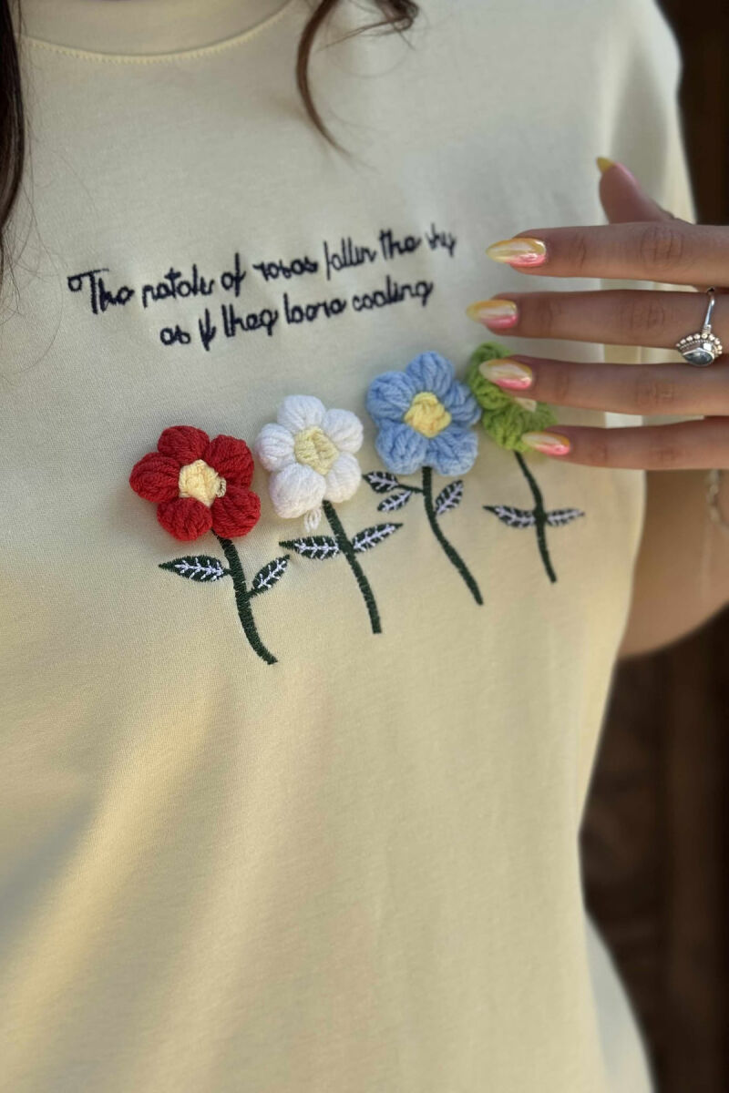 KNITTED FLOWERS ONE COLOR ROUND NECK WOMEN T-SHIRT YELLOW/E VERDHE - 4