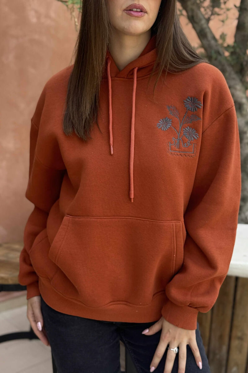 KNITTED FRONT FLOWER DESIGN FLUFFY WOMEN HOODIE BRICK/TULLE - 4