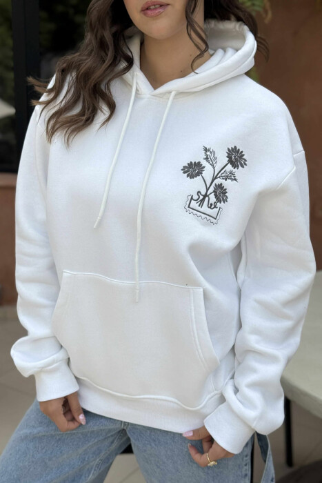KNITTED FRONT FLOWER DESIGN FLUFFY WOMEN HOODIE WHITE-E BARDHE - 5