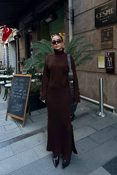 KNITTED HIGH NECK SWEATER+SKIRT WOMEN SET BROWN/KAFE 
