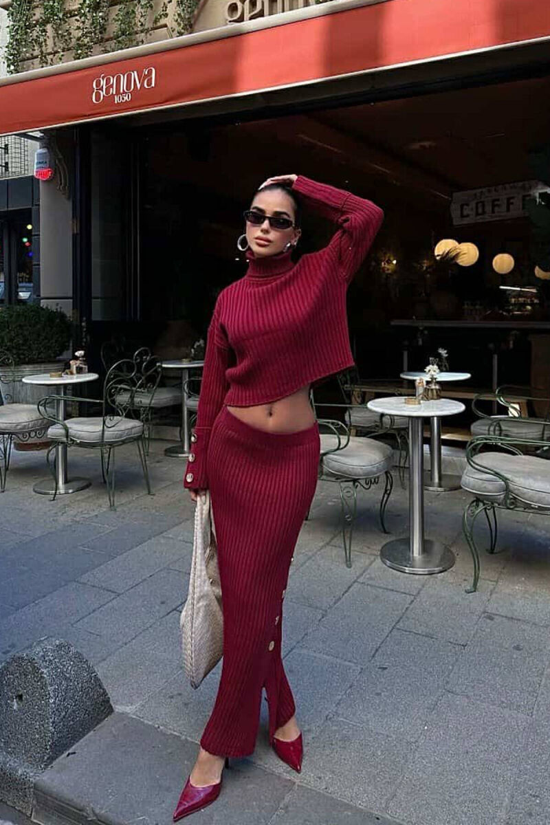 KNITTED HIGH NECK SWEATER+SKIRT WOMEN SET BURGUNDY/VISHNJE - 1