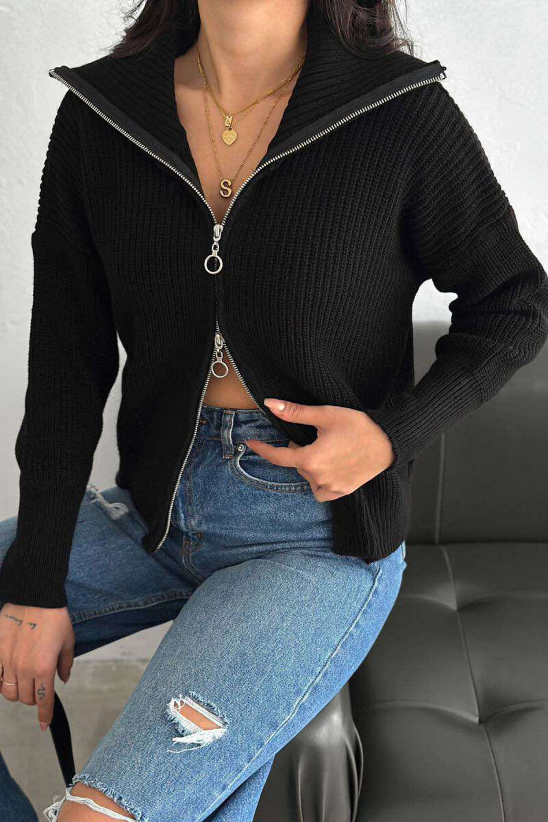 KNITTED HIGH NECK ZIPPER WOMEN CARDIGAN IN BLACK COLOR - 2