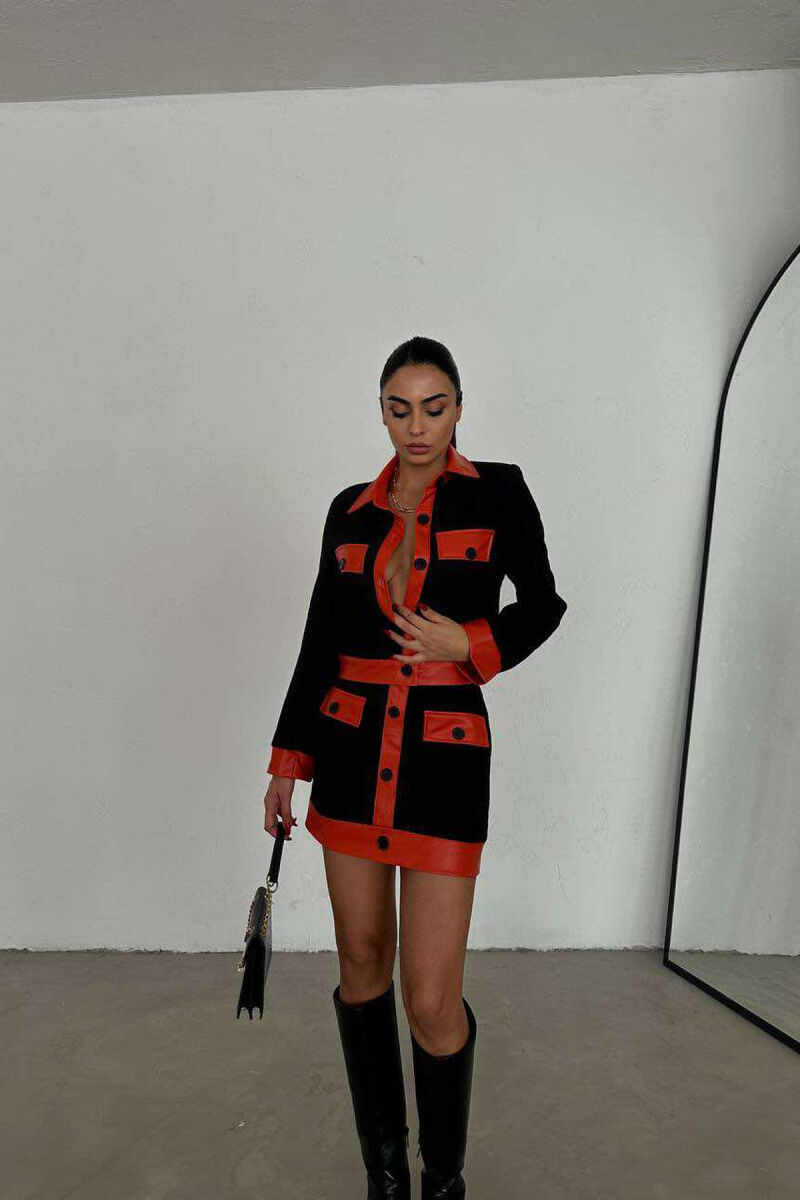 KNITTED JACKET+SKIRT WOMEN SET BLACK-ORANGE/ZE-PO - 1