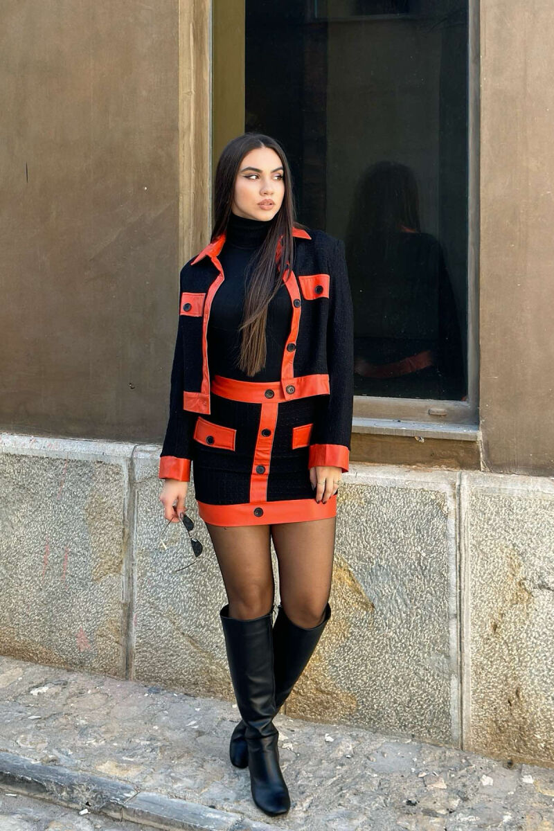 KNITTED JACKET+SKIRT WOMEN SET BLACK-ORANGE/ZE-PO - 3