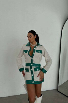 KNITTED JACKET+SKIRT WOMEN SET GREEN-CREAM/JESHILE-KREM 