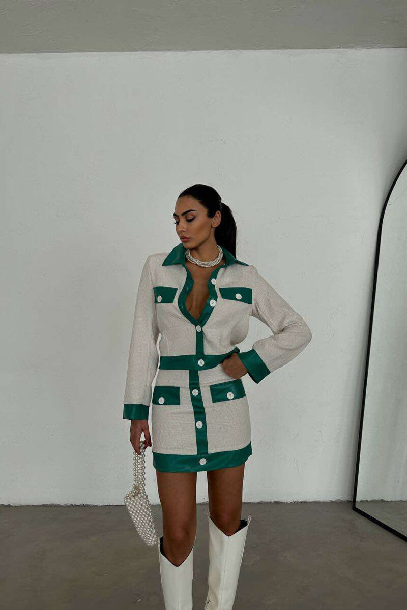 KNITTED JACKET+SKIRT WOMEN SET GREEN-CREAM/JESHILE-KREM - 2