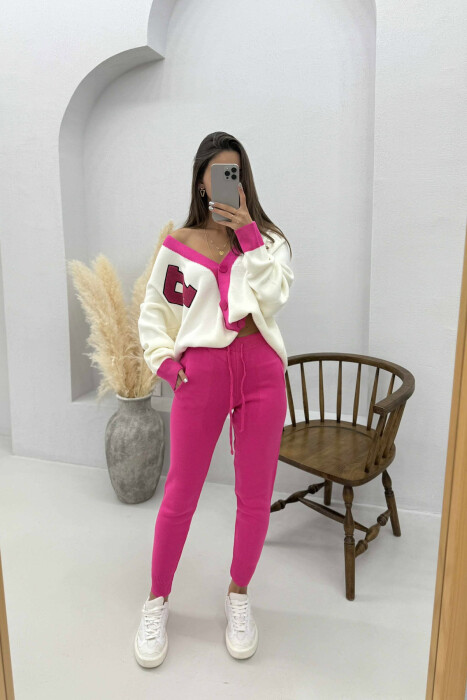 LETTER P CARDIGAN+TROUSERS KNIT WOMEN SET FUCHSIA-WHITE/CIK-BA 