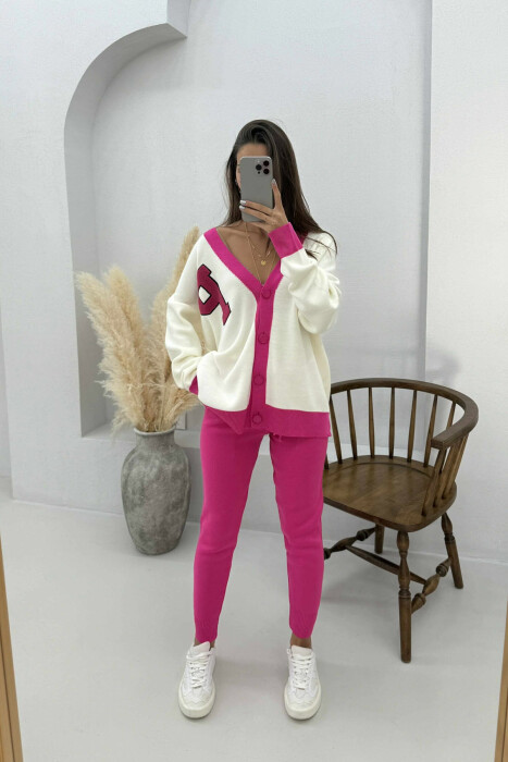 LETTER P CARDIGAN+TROUSERS KNIT WOMEN SET FUCHSIA-WHITE/CIK-BA - 2
