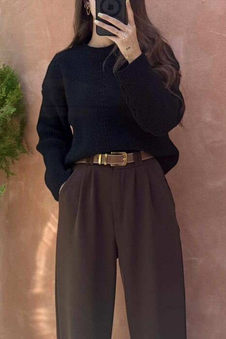 KNITTED ONE COLOR SIMPLE WOMEN SWEATER BLACK/ E ZEZE - 2