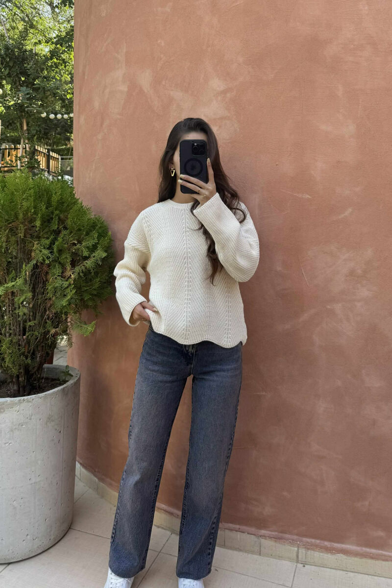 KNITTED ONE COLOR SIMPLE WOMEN SWEATER CREAM/KREM - 5