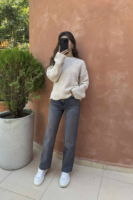 KNITTED ONE COLOR SIMPLE WOMEN SWEATER LIGHT BEIGE/BZHZB - 2