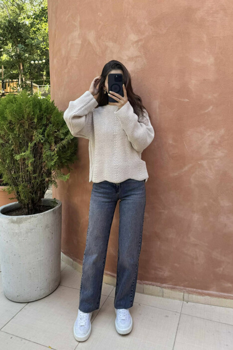 KNITTED ONE COLOR SIMPLE WOMEN SWEATER LIGHT BEIGE/BZHZB - 3