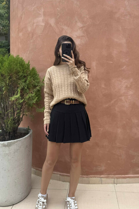 KNITTED ONE COLOR SIMPLE WOMEN SWEATER LIGHT BROWN/KAZB 