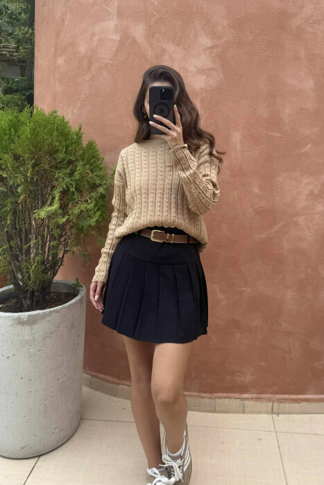 KNITTED ONE COLOR SIMPLE WOMEN SWEATER LIGHT BROWN/KAZB - 2