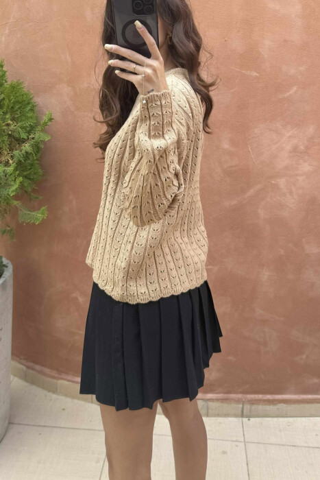 KNITTED ONE COLOR SIMPLE WOMEN SWEATER LIGHT BROWN/KAZB - 4