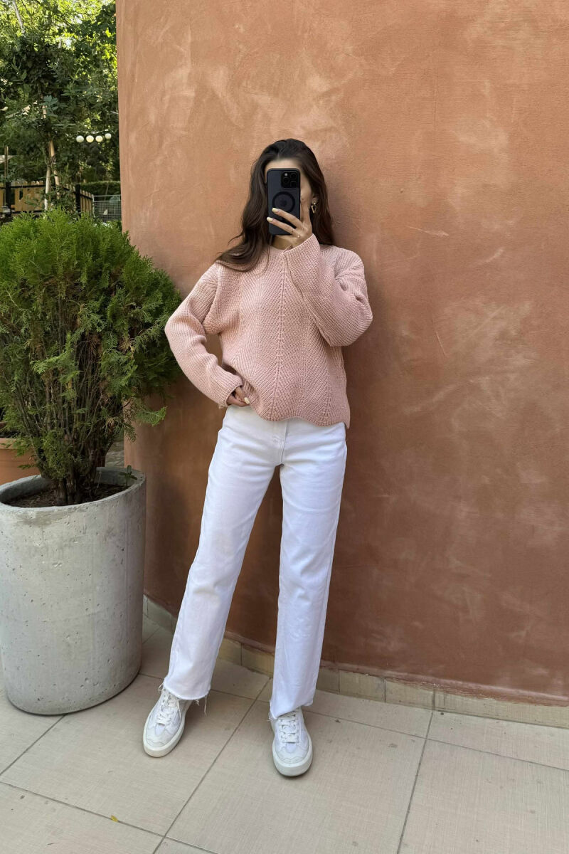 KNITTED ONE COLOR SIMPLE WOMEN SWEATER POWDER/PUDER - 1