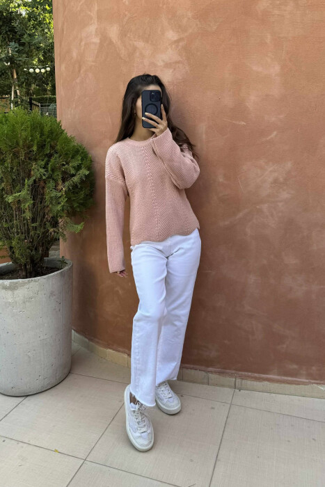 KNITTED ONE COLOR SIMPLE WOMEN SWEATER POWDER/PUDER - 2