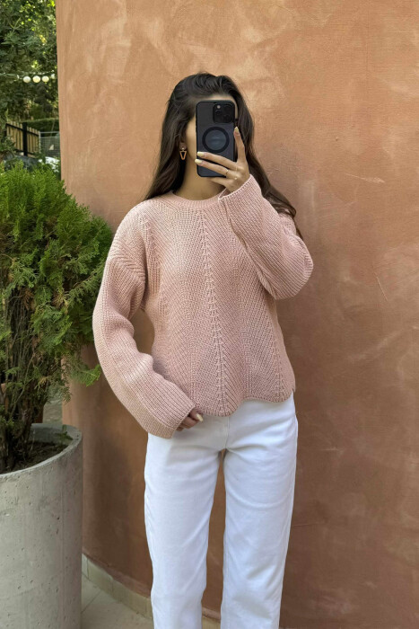 KNITTED ONE COLOR SIMPLE WOMEN SWEATER POWDER/PUDER - 3