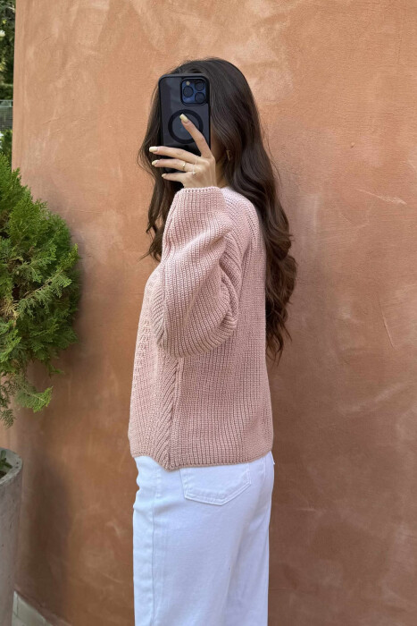 KNITTED ONE COLOR SIMPLE WOMEN SWEATER POWDER/PUDER - 4