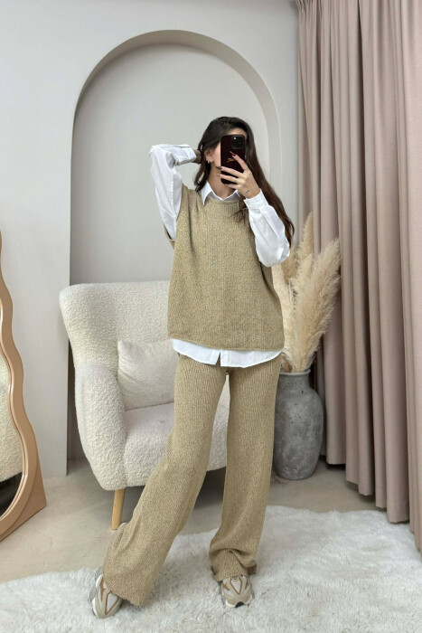 KNITTED ONE COLOR SLEEVELESS SWEATER+TROUSERS WOMEN SET BEIGE/BEZHE - 