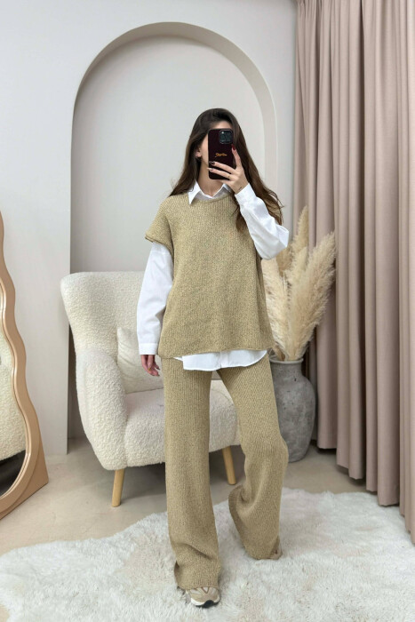 KNITTED ONE COLOR SLEEVELESS SWEATER+TROUSERS WOMEN SET BEIGE/BEZHE - 3