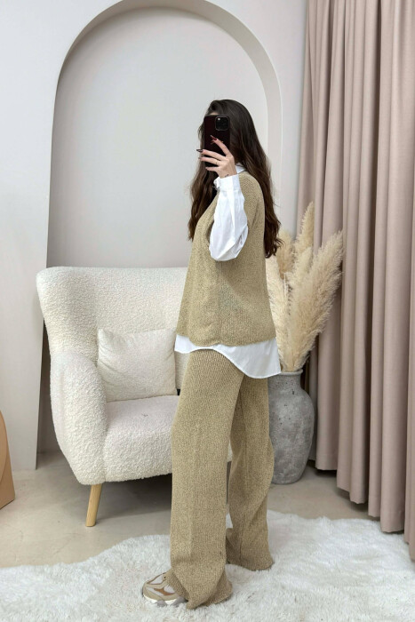 KNITTED ONE COLOR SLEEVELESS SWEATER+TROUSERS WOMEN SET BEIGE/BEZHE - 4
