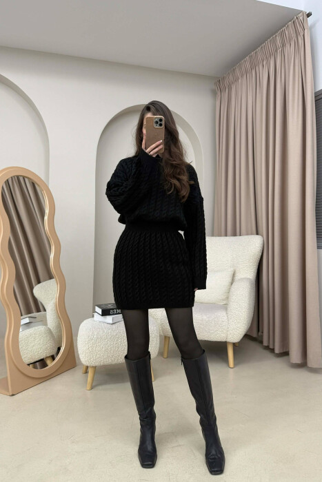 KNITTED ONE COLOR SWEATER+SKIRT WOMEN SET BLACK/ E ZEZE - 1