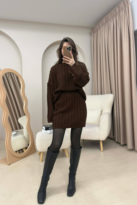 KNITTED ONE COLOR SWEATER+SKIRT WOMEN SET BROWN/KAFE 