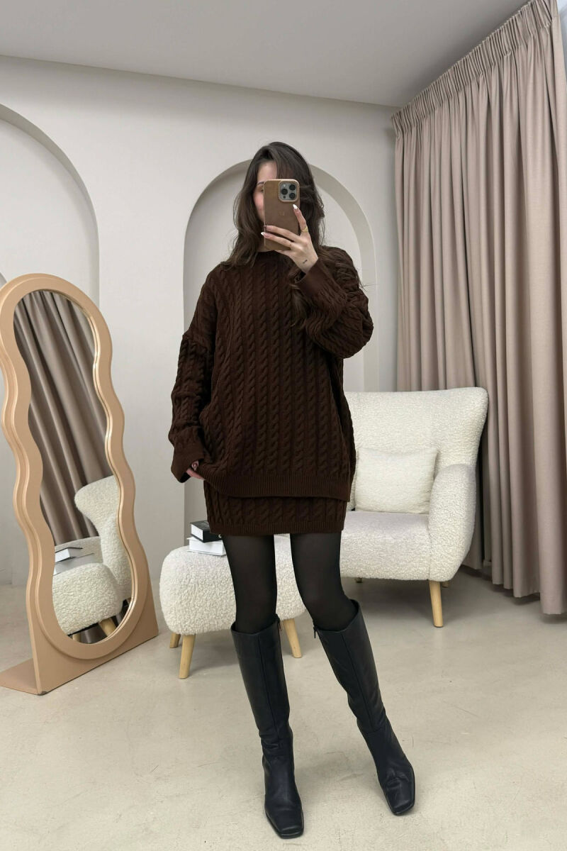 KNITTED ONE COLOR SWEATER+SKIRT WOMEN SET BROWN/KAFE - 2