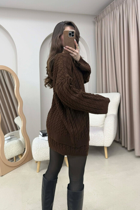 KNITTED ONE COLOR SWEATER+SKIRT WOMEN SET BROWN/KAFE - 3