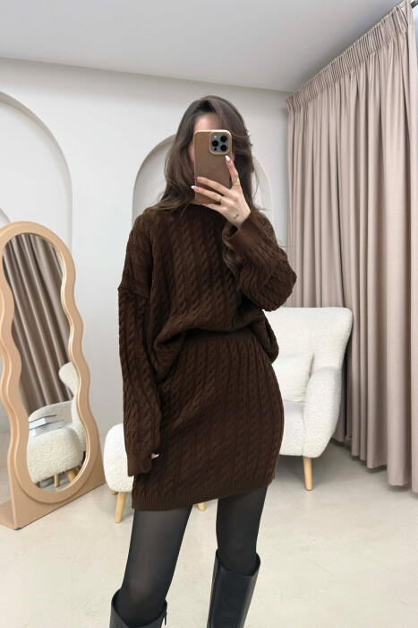 KNITTED ONE COLOR SWEATER+SKIRT WOMEN SET BROWN/KAFE - 4