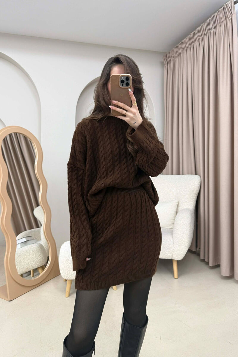 KNITTED ONE COLOR SWEATER+SKIRT WOMEN SET BROWN/KAFE - 4